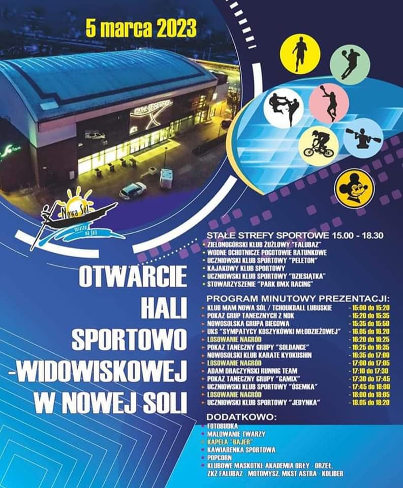 Plakat informacyjny o otwarciu hali sportowo-widowiskowej w Nowej Soli dnia 5 marca 2023 r. 